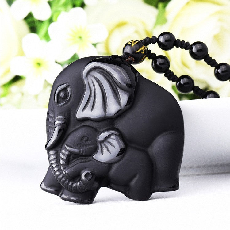Hand Carve Obsidian Wealth-absorbing Elephant Pendant Necklace For Men and Women