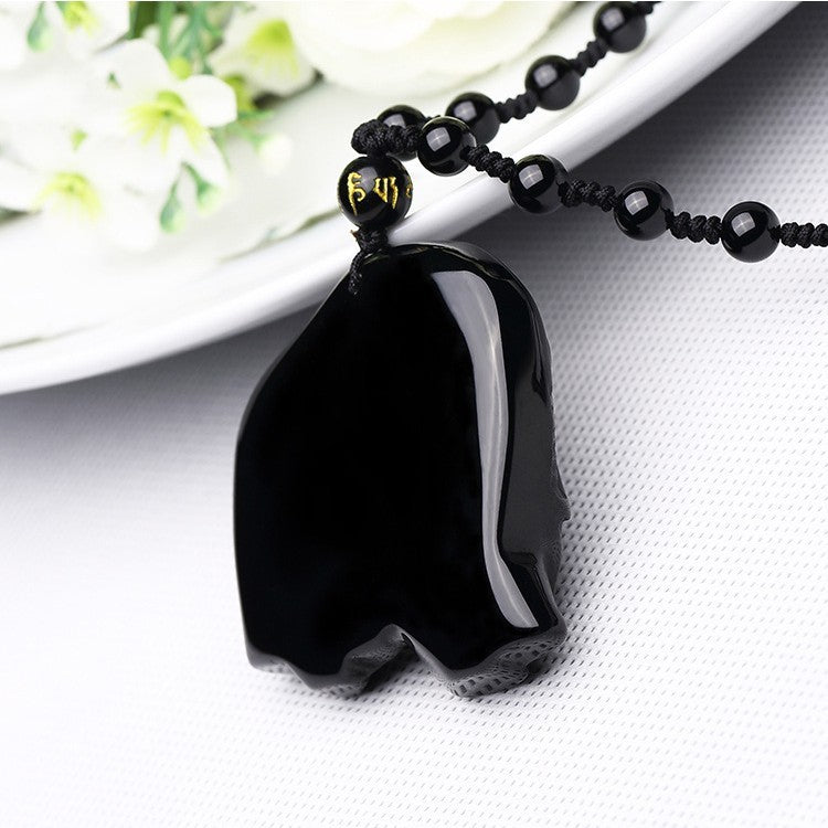 Hand Carve Obsidian Wealth-absorbing Elephant Pendant Necklace For Men and Women