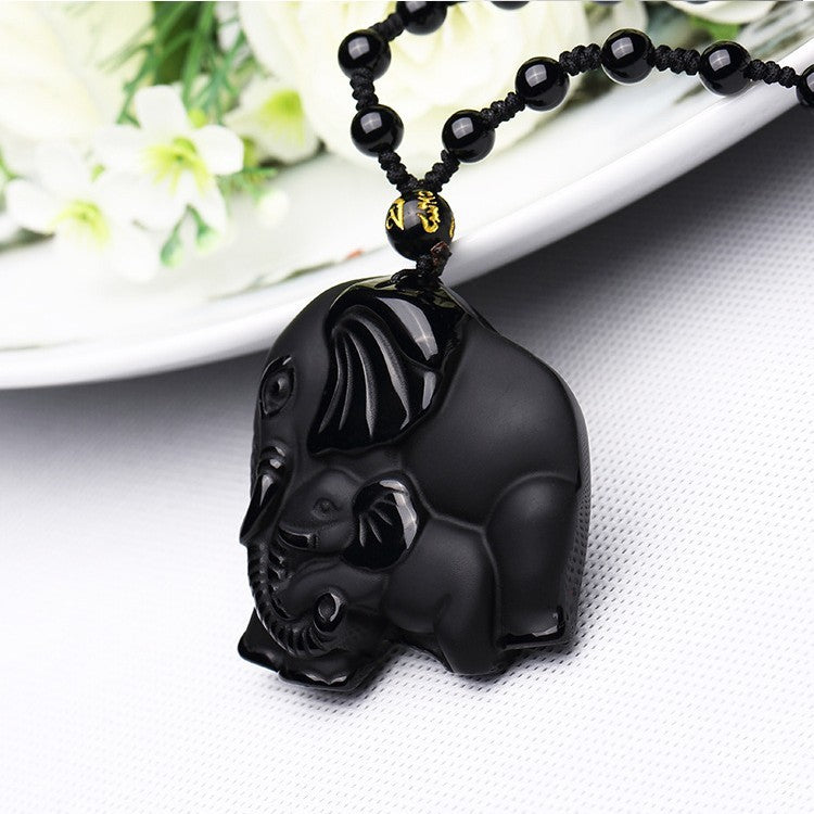 Hand Carve Obsidian Wealth-absorbing Elephant Pendant Necklace For Men and Women