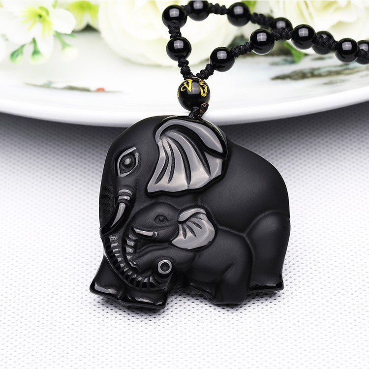 Hand Carve Obsidian Wealth-absorbing Elephant Pendant Necklace For Men and Women