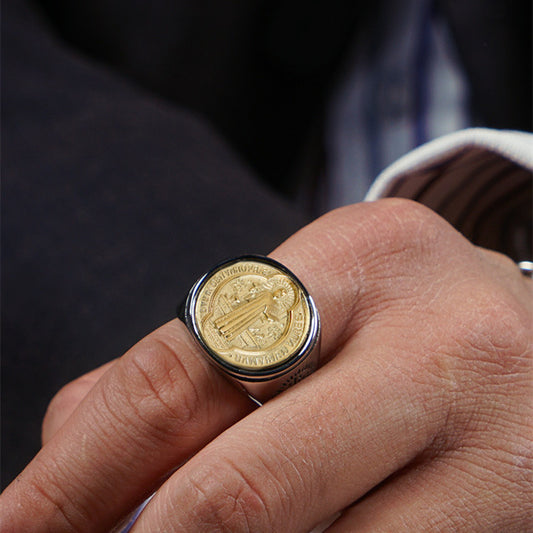 Men's  Medal Of St. Benedict In Titanium And Brass Ring